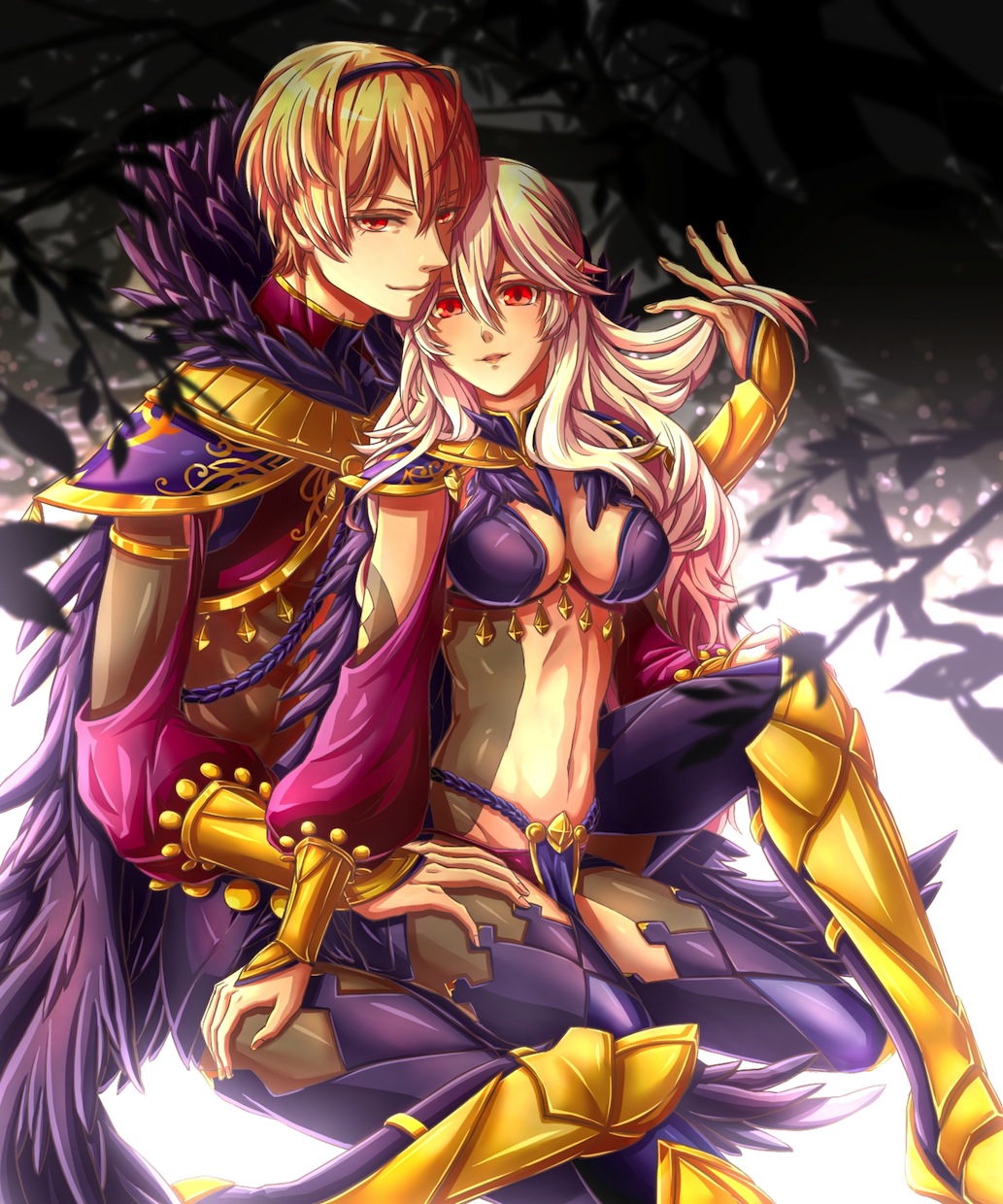 1boy 1girl black_hairband blonde_hair bodysuit breasts cleavage female_my_unit_(fire_emblem_if) fire_emblem fire_emblem_if hair_between_eyes hairband hand_in_another's_hair hand_on_another's_leg highres juntsuki leon_(fire_emblem_if) long_hair looking_at_viewer medium_breasts my_unit_(fire_emblem_if) navel nintendo parted_lips purple_feathers red_eyes silver_hair