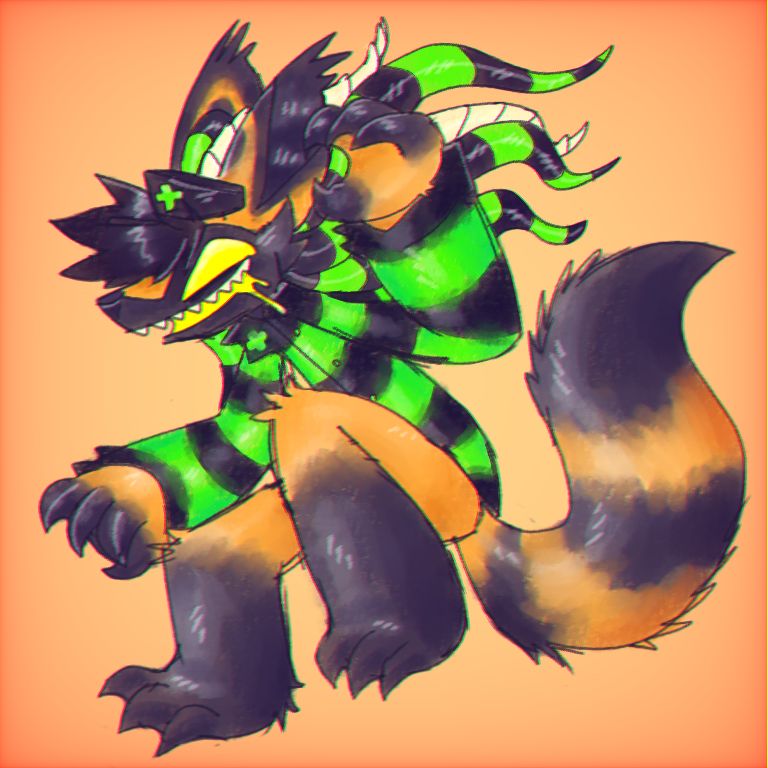 1:1 anthro bioluminescence black_body black_fur canid canine claws clothing fox fur glowing hat headgear headwear lapfox_trax leg_markings male mammal markings negaren nightynight orange_background orange_body orange_fur sharp_teeth simple_background socks_(marking) solo striped_tail stripes teeth tentacles yellow_eyes