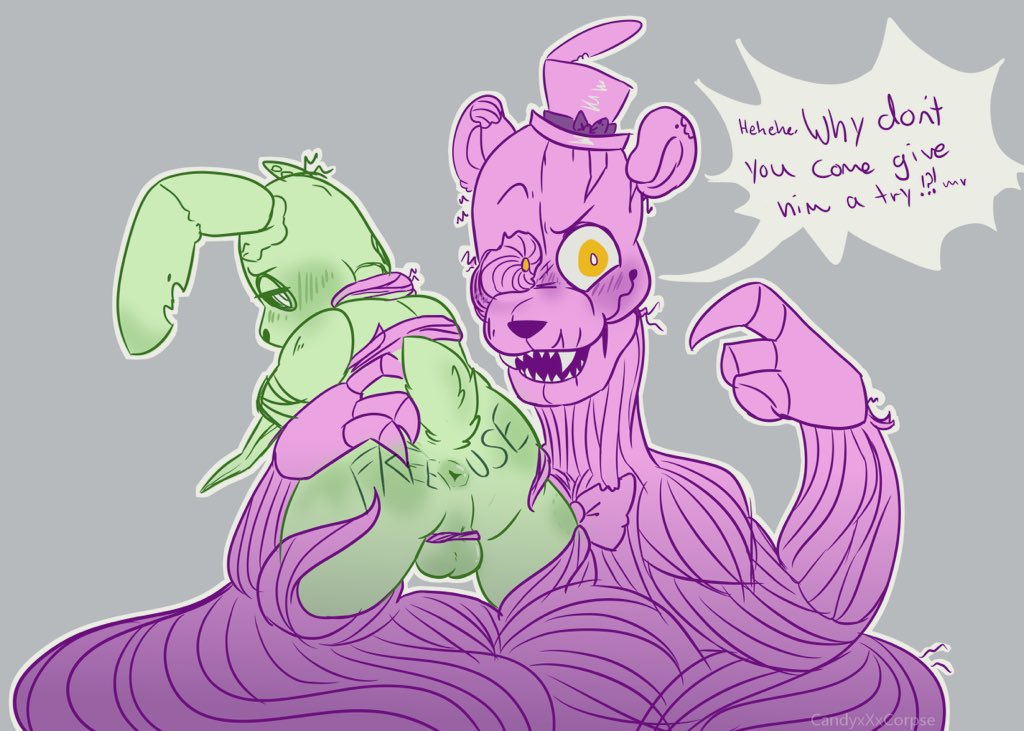 &lt;3 2020 animatronic anthro anus backsack balls bent_over blush body_text bow_tie butt candyxxxcorpse claws clothing dialogue duo embarrassed english_text eyebrows fangs five_nights_at_freddy's freddy_fazbear's_pizzeria_simulator genitals green_anus green_balls green_body green_butt green_ears green_eyebrows green_eyelids green_eyes green_nose green_tail grey_background half-closed_eyes hand_on_back hand_on_butt hat headgear headwear inviting lagomorph leporid long_ears looking_at_viewer looking_back machine male mammal molten_freddy_(fnaf) narrowed_eyes notched_ear open_mouth presenting presenting_anus presenting_balls presenting_hindquarters purple_body purple_ears purple_eyebrows purple_heart purple_nose rabbit robot scraptrap_(fnaf) sharp_claws sharp_teeth simple_background size_difference smile speedo spread_butt spreading swimwear teeth text top_hat ursid video_games yellow_eyes