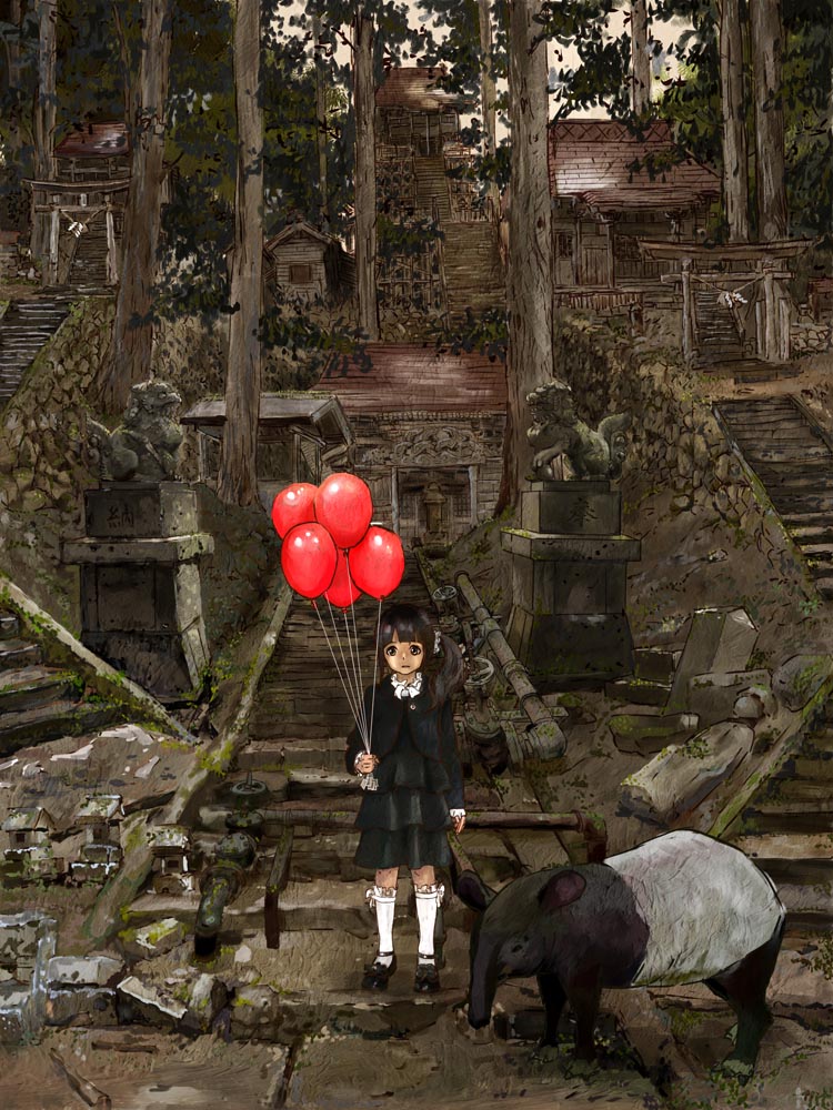 1girl architecture balloon bangs black_dress black_eyes black_footwear black_hair blunt_bangs closed_mouth commentary_request dress east_asian_architecture forest frilled_legwear frilled_sleeves frills frown holding holding_balloon katou_fumitaka kneehighs komainu long_hair long_sleeves looking_at_viewer mary_janes nature object_request original outdoors pipes plant scenery shoes shrine side_ponytail socks solo stairs standing statue stone stone_floor stone_wall sunset tapir torii translation_request tree valve wall white_legwear white_neckwear wide_shot