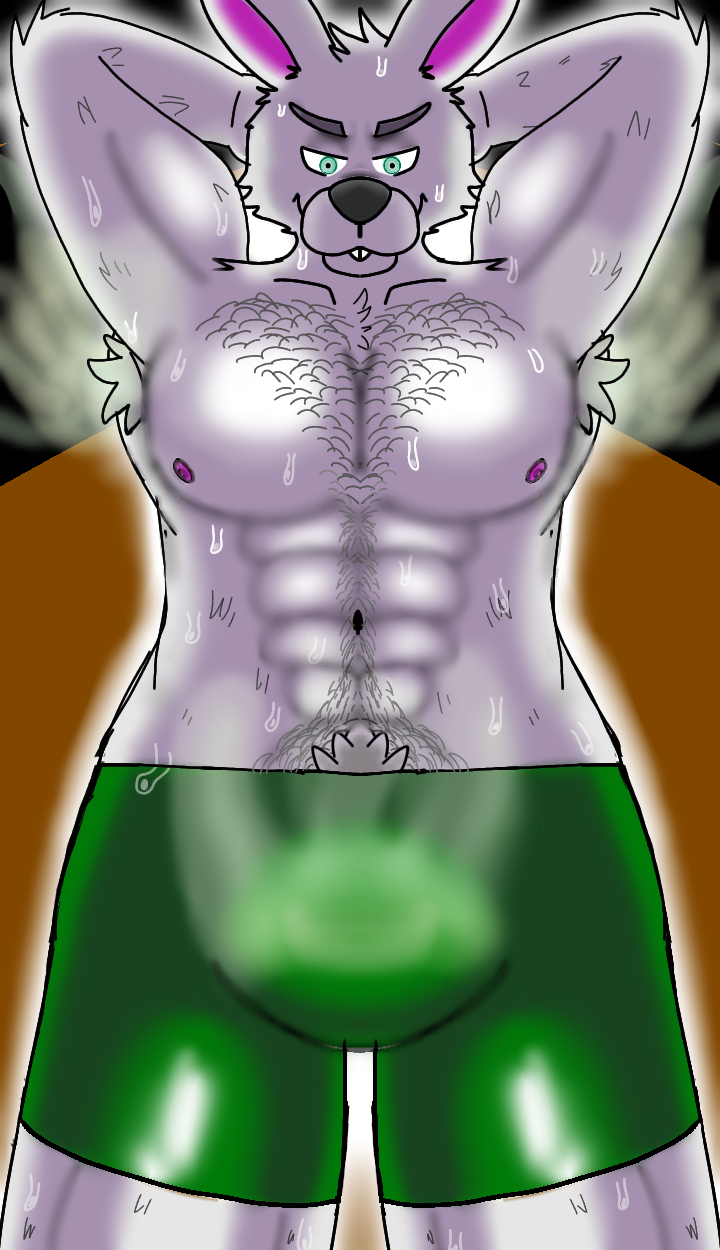 abs anthro armpit_hair biceps bodily_fluids body_hair bottomwear bulge chest_hair clothing fur grey_body grey_fur hair hi_res invalid_tag lagomorph leporid looking_at_viewer looking_down male mammal muscular muscular_anthro muscular_male musk nipples pecs pubes rabbit seductive_eyes seductive_smile shorts simple_background smile solo sweat