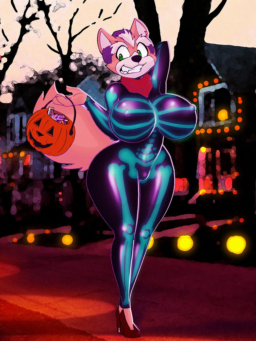 anthro autumn big_breasts breasts candy canid canine clothing curvaceous curvy_figure dessert dracojeff erect_nipples female food footwear fox fox_mccloud halloween halloween_costume hand_behind_head headgear headphones headset high_heels holidays hourglass_figure jack-o'-lantern mammal neckerchief nintendo nipple_outline nipples red_fox shoes skeleton_markings smile solo star_fox street thick_thighs video_games voluptuous wide_hips