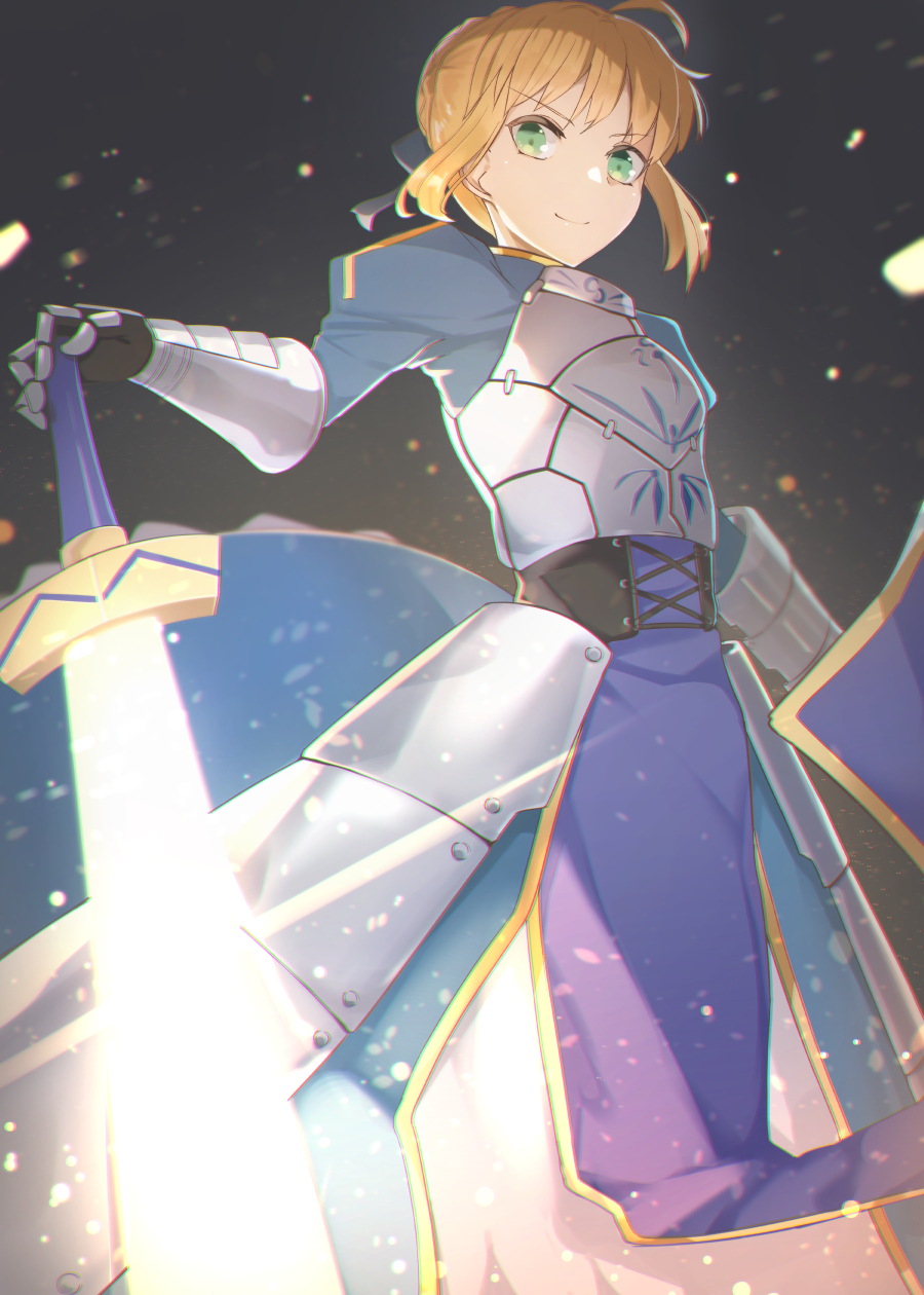 1girl ahoge armor armored_dress artoria_pendragon_(all) bangs blonde_hair blouse blue_dress braid breastplate closed_mouth commentary_request dress excalibur fate/stay_night fate_(series) from_below gauntlets green_eyes hair_ribbon highres holding holding_sword holding_weapon juliet_sleeves long_dress long_sleeves looking_at_viewer puffy_sleeves redb ribbon saber short_hair skirt smile solo sword weapon