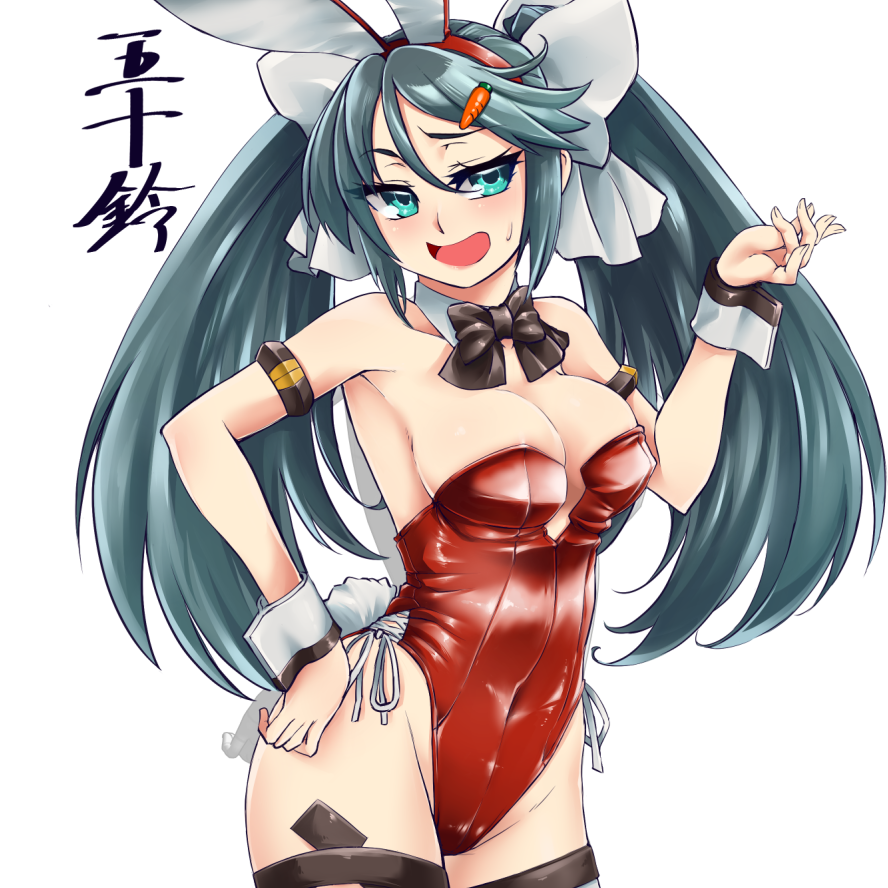 1girl animal_ears armband black_legwear black_neckwear blue_eyes bow bowtie breasts bunny_ears bunny_tail card carrot_hair_ornament character_name contrapposto cowboy_shot detached_collar fake_animal_ears food_themed_hair_ornament grey_hair hair_ornament hairclip isuzu_(kantai_collection) kantai_collection large_breasts leotard long_hair looking_at_viewer open_mouth playboy_bunny red_leotard simple_background solo standing strapless strapless_leotard tail thighhighs twintails uzuki_kosuke white_background wrist_cuffs