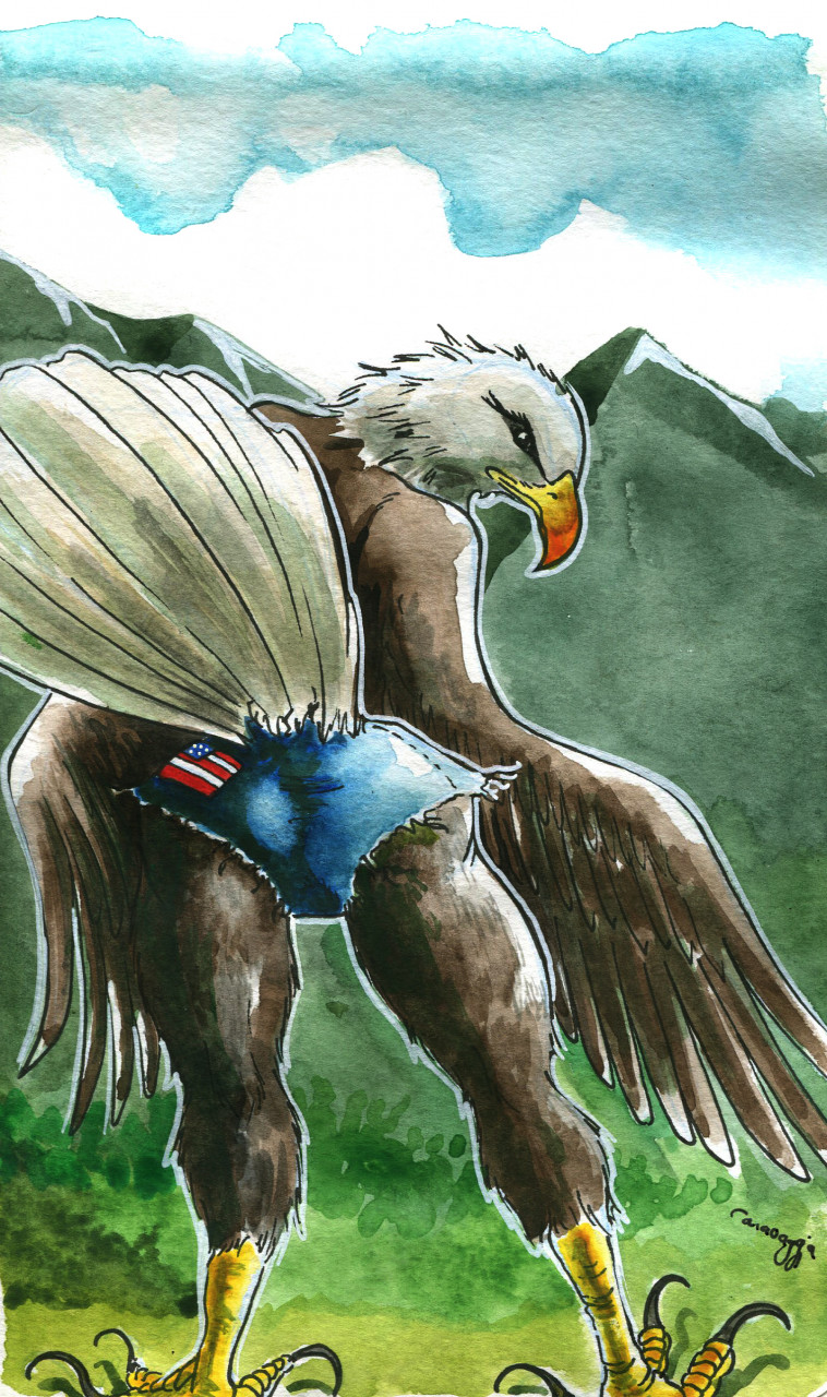 4_toes accipitrid accipitriform ambiguous_gender anisodactyl anthro avian bald_eagle beady_eyes beak bird bottomwear brown_body brown_feathers butt caravaggia claws clothed clothing cutoffs daisy_dukes denim denim_clothing detailed_background eagle feathers hi_res hotpants looking_at_viewer looking_back mountain outside painting_(artwork) presenting presenting_hindquarters raised_tail scales sea_eagle shorts solo tail_feathers talons toes topless traditional_media_(artwork) us_flag watercolor_(artwork) white_body white_feathers winged_arms wings