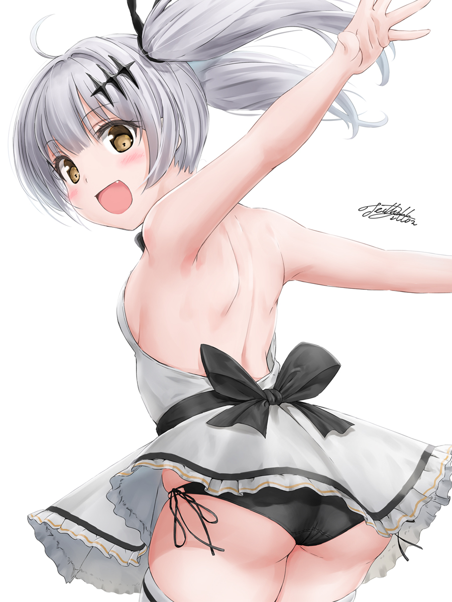 1girl ass backless_dress backless_outfit blush breasts dress five-seven_(girls_frontline) girls_frontline highres open_mouth panties pantyshot side-tie_panties skindentation small_breasts smile solo thighhighs thighs twintails underwear white_hair yellow_eyes yukinoshiro