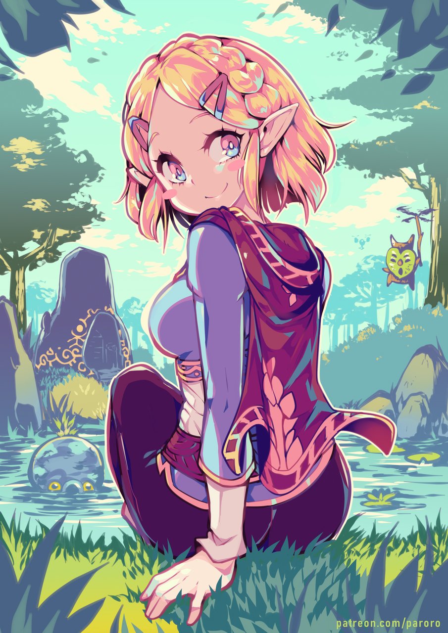 1girl back black_cape black_pants blonde_hair blue_eyes blue_shirt blush blush_stickers braid breasts cape closed_mouth cloud commentary crown_braid day english_commentary forest grass hair_ornament hairclip highres hood hood_down hooded_cape korok lake leaf long_sleeves looking_at_viewer medium_breasts nature octorok outdoors pants parororo patreon_username pointy_ears princess_zelda rock shirt short_hair sitting sky smile the_legend_of_zelda the_legend_of_zelda:_breath_of_the_wild the_legend_of_zelda:_breath_of_the_wild_2 tree