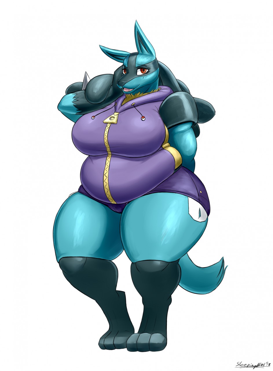 2018 anthro anthrofied big_breasts black_body black_fur blue_body blue_fur bottomwear breasts clothed clothing curvy_figure female fur gloves_(marking) hi_res hoodies hotpants huge_breasts leg_markings lucario markings nintendo open_mouth overweight overweight_anthro overweight_female pok&eacute;ball pok&eacute;mon pok&eacute;mon_(species) red_eyes shorts simple_background sleepingeel smile socks_(marking) solo thick_thighs video_games voluptuous white_background wide_hips yellow_body yellow_fur