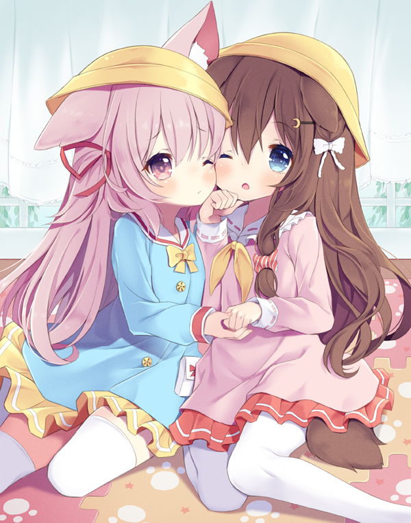 2girls animal_ear_fluff animal_ears arashiya arm_up azur_lane blue_eyes blue_shirt brown_hair cat_ears cat_girl cheek-to-cheek child commentary_request commission commissioner_upload crescent crescent_moon_pin cuddling curtains dog_ears dog_girl dog_tail fumizuki_(azur_lane) hair_ornament hairclip hand_to_own_mouth hat holding_hands indoors kindergarten_uniform kisaragi_(azur_lane) knees_together_feet_apart long_hair multiple_girls nuzzle one_eye_closed open_mouth pantyhose paw_pose pink_eyes pink_hair pink_shirt pink_skirt pixiv_request ribbon school_hat shirt side_ponytail sitting skirt tail thighhighs white_legwear window yellow_headwear yellow_skirt