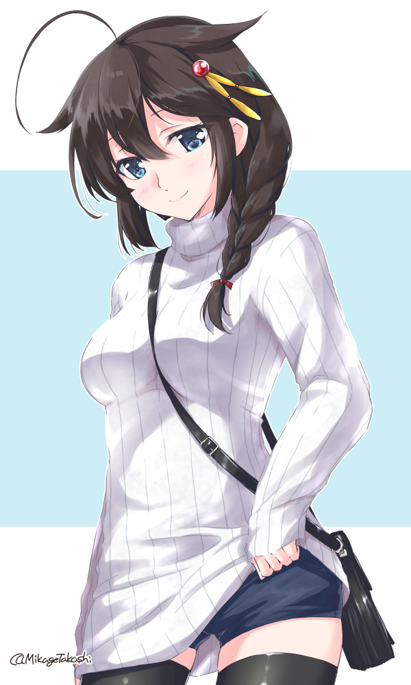 1girl ahoge bag between_breasts black_hair black_legwear blue_eyes braid breasts brown_hair commentary_request cowboy_shot hair_flaps hair_ornament hair_over_shoulder handbag kantai_collection long_hair long_sleeves looking_at_viewer medium_breasts mikage_takashi remodel_(kantai_collection) ribbed_sweater shigure_(kantai_collection) shoulder_bag single_braid smile solo strap_between_breasts sweater thighhighs turtleneck