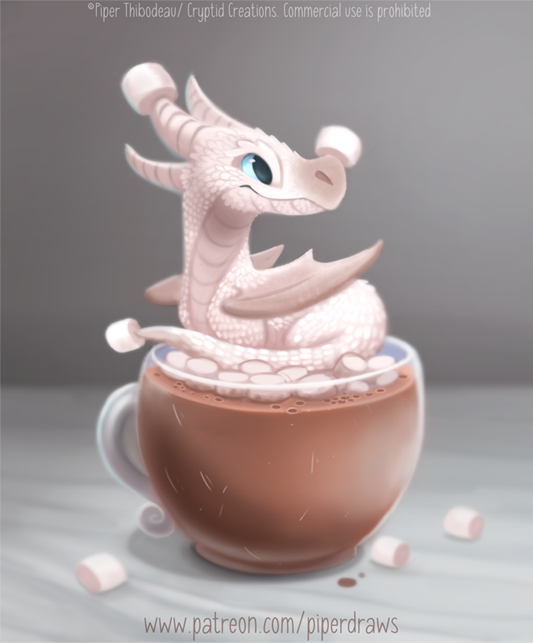 2020 ambiguous_gender beverage black_eyes candy cryptid-creations cup dessert dragon feral food horn hot_cocoa looking_back marshmallow membrane_(anatomy) membranous_wings scales smile solo text url white_body white_scales wings