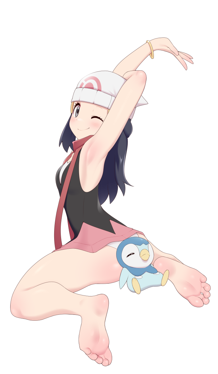 1girl armpits barefoot beanie black_shirt blush bracelet closed_mouth commentary_request dawn_(pokemon) eyelashes feet grey_eyes hat highres jewelry looking_at_viewer maidforge one_eye_closed panties pink_skirt piplup pokemon pokemon_(creature) pokemon_(game) pokemon_dppt red_scarf scarf shirt sidelocks skirt sleeveless sleeveless_shirt smile soles stretch toes underwear white_headwear white_panties