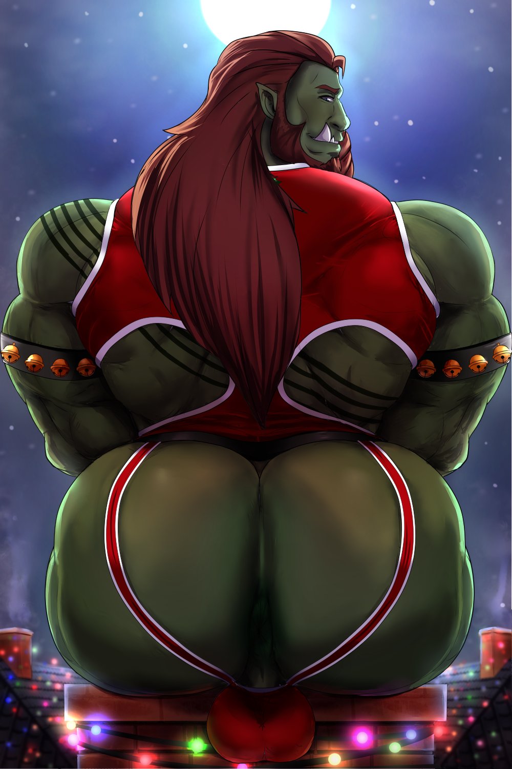 2020 2:3 anus armband back_muscles backsack balls beard bell big_butt big_muscles butt butt_focus canonwhitecat chimney christmas christmas_lights clothing facial_hair full_moon genitals green_body green_skin hair hi_res holidays humanoid jockstrap long_hair looking_at_viewer looking_back male mammal moon muscular muscular_humanoid muscular_male night not_furry orc orc_humanoid outside perineum rear_view sitting sky smile solo star starry_sky tattoo topwear tusks underwear
