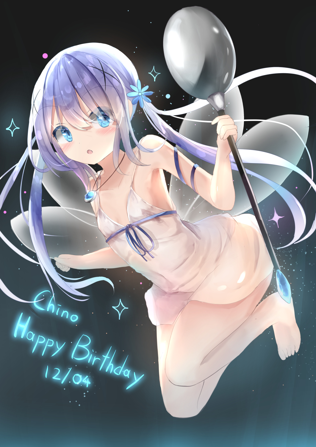 1girl :o bangs bare_arms bare_shoulders barefoot blue_eyes blue_flower blue_hair blush character_name commentary_request dated dress eyebrows_visible_through_hair flower full_body gochuumon_wa_usagi_desu_ka? hair_between_eyes hair_flower hair_ornament happy_birthday highres holding holding_spoon jewelry kafuu_chino long_hair looking_at_viewer na!?_(naxtuyasai) oversized_object parted_lips pendant see-through sleeveless sleeveless_dress solo sparkle spoon transparent_wings twintails very_long_hair white_dress x_hair_ornament