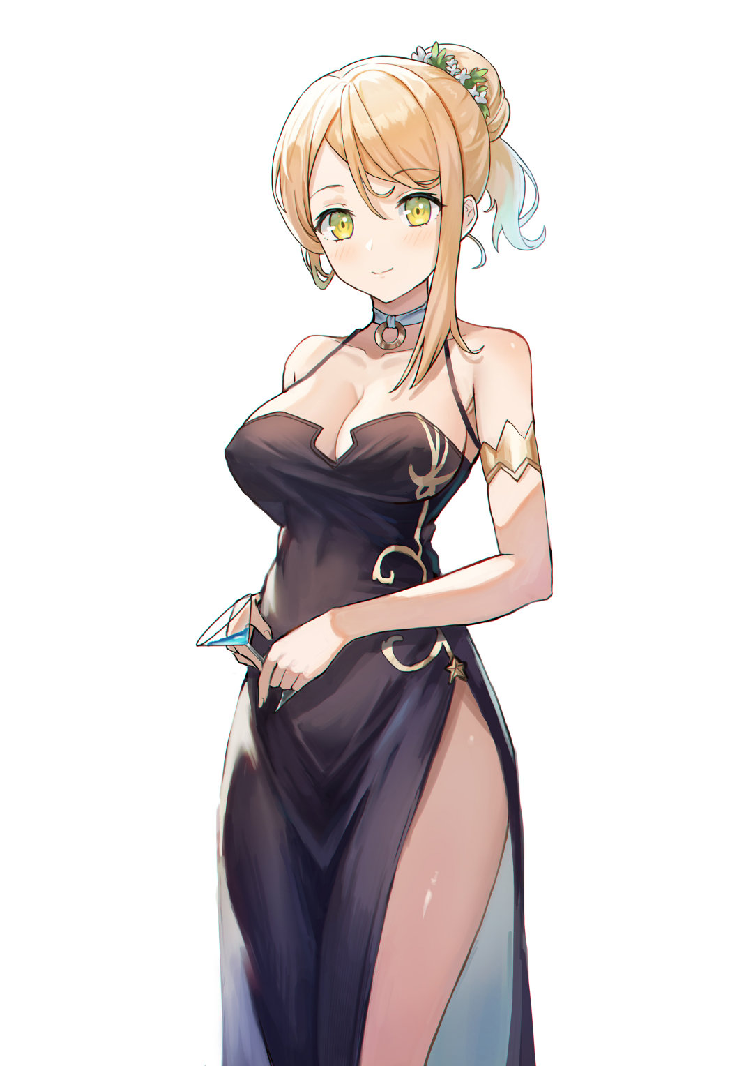 1girl aer7o armlet atelier_(series) atelier_ryza black_dress blonde_hair breasts choker cleavage closed_mouth dress eyebrows_visible_through_hair hair_bun highres klaudia_valentz large_breasts martini short_ponytail side_slit simple_background single_sidelock smile solo standing white_background