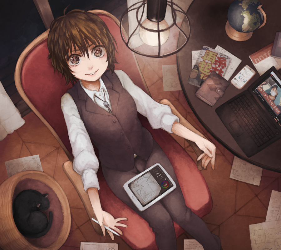 1girl basket black_cat brown_eyes brown_pants brown_vest cat chair collared_shirt computer feet_out_of_frame from_above globe indoors laptop light_bulb looking_at_viewer oekaki_musume original pants phone shirt sitting solo table tablet_pc vest white_shirt yajirushi_(chanoma)