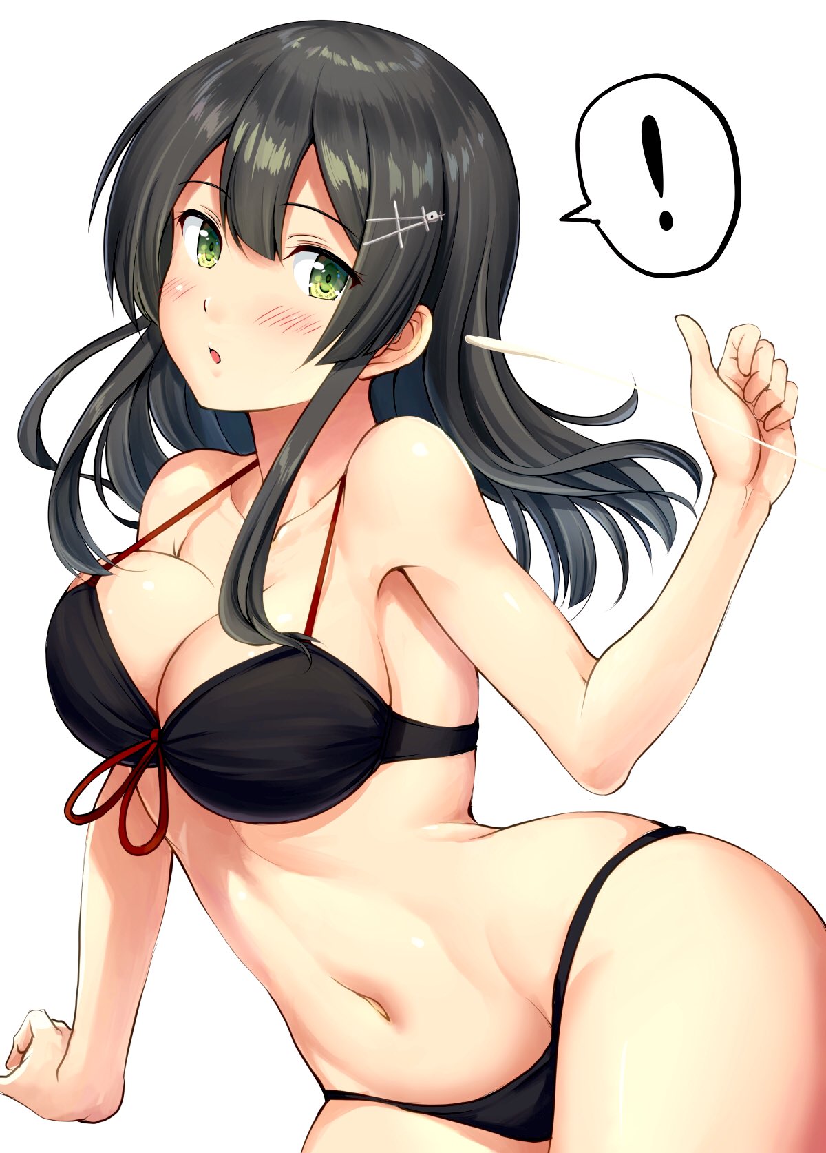 ! 1girl :o alternate_costume bangs bare_arms bare_shoulders bikini black_bikini black_hair blush breasts collarbone commentary cowboy_shot eyebrows_visible_through_hair front-tie_bikini front-tie_top green_eyes groin hair_ornament hairclip halterneck highres ichikawa_feesu kantai_collection large_breasts long_hair looking_at_viewer navel open_mouth oyashio_(kantai_collection) revision simple_background sitting skindentation solo stomach suggestive_fluid swimsuit