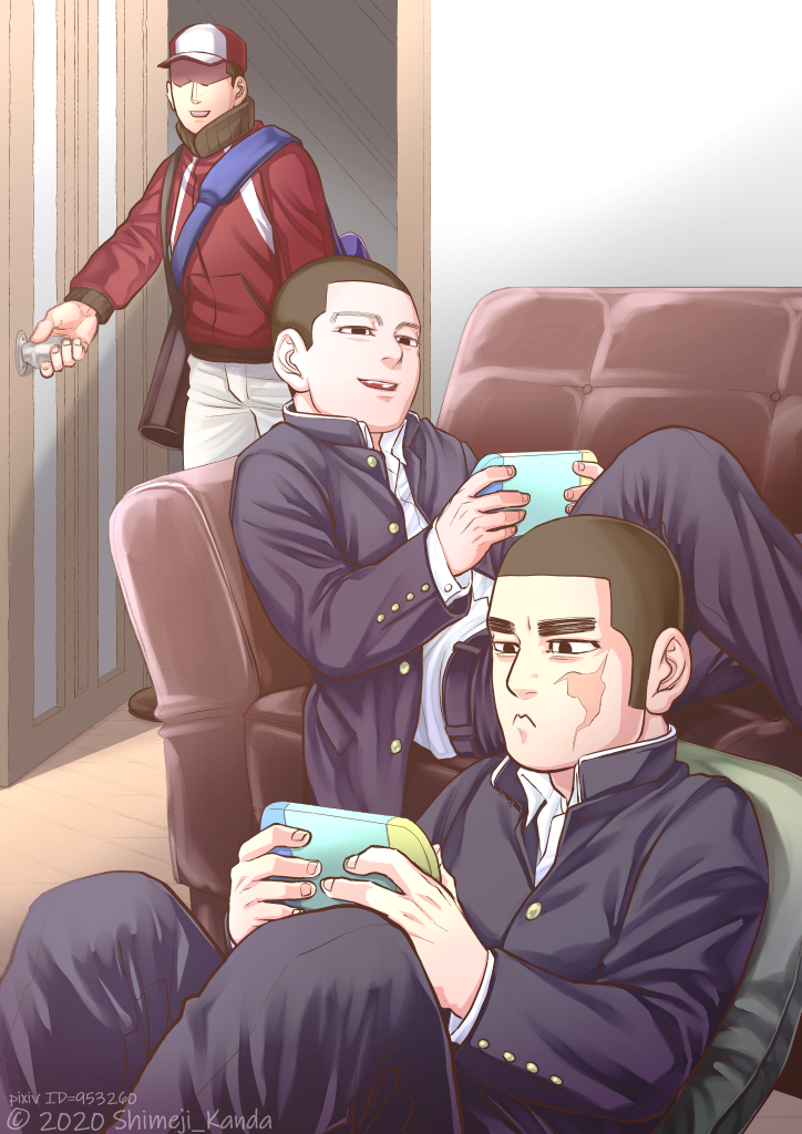 3boys black_eyes black_hair blue_jacket blue_pants buzz_cut character_request collared_jacket contemporary controller couch crossed_legs decoy00xx delivery gaiters gakuran game_controller golden_kamuy hair_strand hanazawa_yusaku handheld_game_console jacket leaning_back long_sleeves male_focus multiple_boys ogata_hyakunosuke pants pout school_uniform short_hair smile white_pants younger