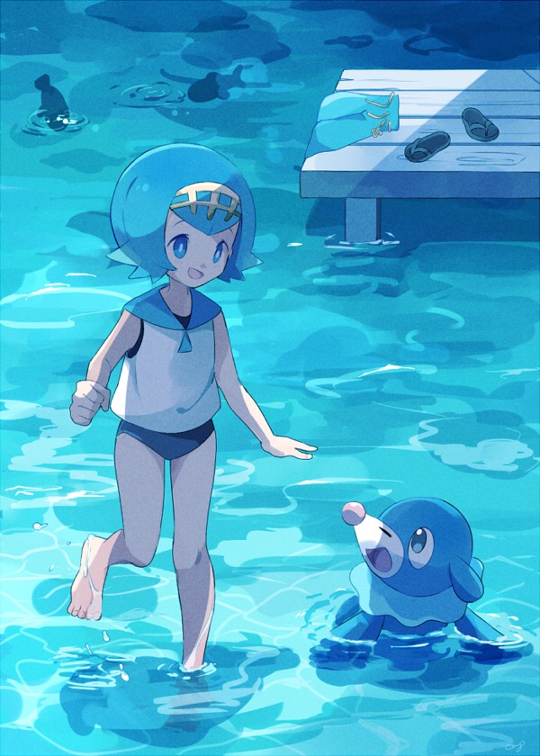 artist_name bare_shoulders barefoot blue blue_eyes blue_footwear blue_hair blue_pants blue_swimsuit clenched_hand creatures_(company) eye_contact female fish flat_chest footwear_removed game_freak gen_7_pokemon hairband hand_up happy looking_at_another looking_up matching_hair/eyes mei_(maysroom) nintendo one-piece_swimsuit open_mouth outdoors pants pants_removed partially_submerged pokemon pokemon_(anime) pokemon_(creature) pokemon_(game) pokemon_sm pokemon_sm_(anime) popplio revision sandals shirt short_hair signature sleeveless sleeveless_shirt smile standing standing_on_one_leg suiren_(pokemon) swimsuit swimsuit_under_clothes trial_captain wading water white_shirt yellow_hairband