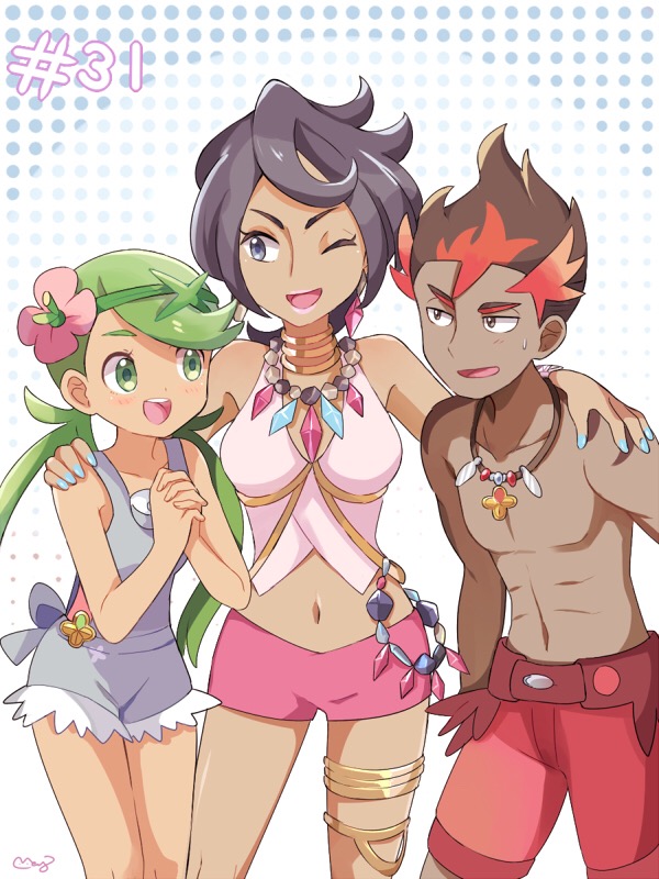 1boy 2girls arm_around_shoulder artist_name bangs bare_shoulders black_eyes black_hair blue_nails blush bracelet breasts brown_eyes brown_hair choker collarbone creatures_(company) crystal dark_skin dark_skinned_male earrings episode_number fingernails flower game_freak gold green_hair green_hairband hair_flower hair_ornament hairband half-closed_eyes hand_on_another's_shoulder hands_together hands_up happy island_kahuna jewelry jpeg_artifacts kaki_(pokemon) legs_together long_hair looking_at_another lychee_(pokemon) mao_(pokemon) matching_hair/eyes medium_breasts mei_(maysroom) midriff multicolored_hair multiple_girls nail_polish navel necklace nintendo number one_eye_closed open_mouth overalls pink_flower pink_lips pink_shirt pokemon pokemon_(anime) pokemon_sm_(anime) polka_dot polka_dot_background purple_shorts red_hair red_shorts shiny shiny_hair shirt shirtless short_hair short_shorts shorts signature sleeveless sleeveless_shirt smile standing strapless_shirt sweat swept_bangs teeth thighlet tied_hair trial_captain twintails two-tone_hair wink z-ring