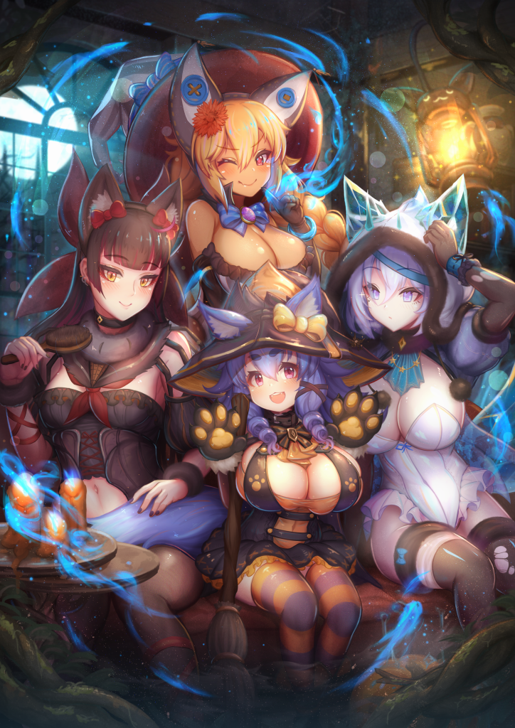 4girls :d ai_gon_deroga animal_ears black_hair blonde_hair blue_eyes blue_hair bow breasts broom candle dress drill_hair ears_through_headwear fantasy flower hair_bow hair_brush hair_flower hair_ornament halloween hat hat_ribbon huge_breasts lantern large_breasts magic multiple_girls one_eye_closed open_mouth oppai_loli original paw_print paws red_eyes ribbon smile striped striped_legwear tail thighhighs twin_drills witch witch_hat wolf_ears wolf_tail yellow_eyes