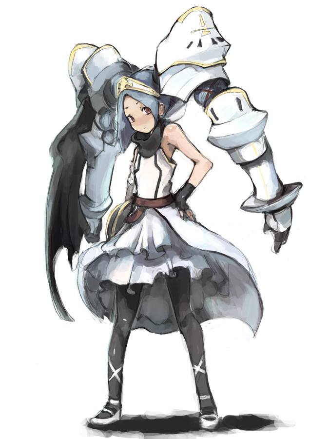 1girl armor bare_shoulders black_cape borrowed_character cape closed_mouth dress eyebrows_visible_through_hair eyes_visible_through_hair fingerless_gloves frills gauntlets gloves grey_hair hand_on_hip kasa living_hair long_hair pauldrons shoulder_armor simple_background solo standing torn torn_clothes twintails vambraces white_background white_dress white_footwear