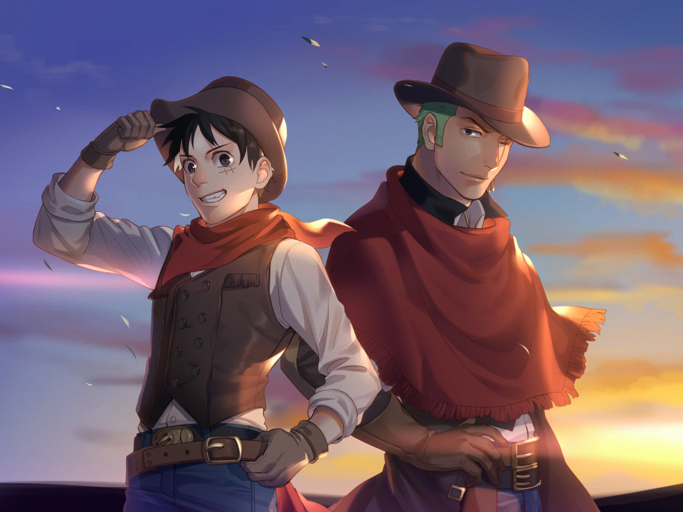 2boys adjusting_clothes adjusting_headwear alternate_costume black_hair brown_gloves cowboy_hat foxvulpine gloves green_hair hat leather_belt leather_vest light_smile long_sleeves looking_at_viewer monkey_d_luffy multiple_boys one_eye_closed one_piece roronoa_zoro scar scar_across_eye shirt sky smile sunset teeth upper_body white_shirt
