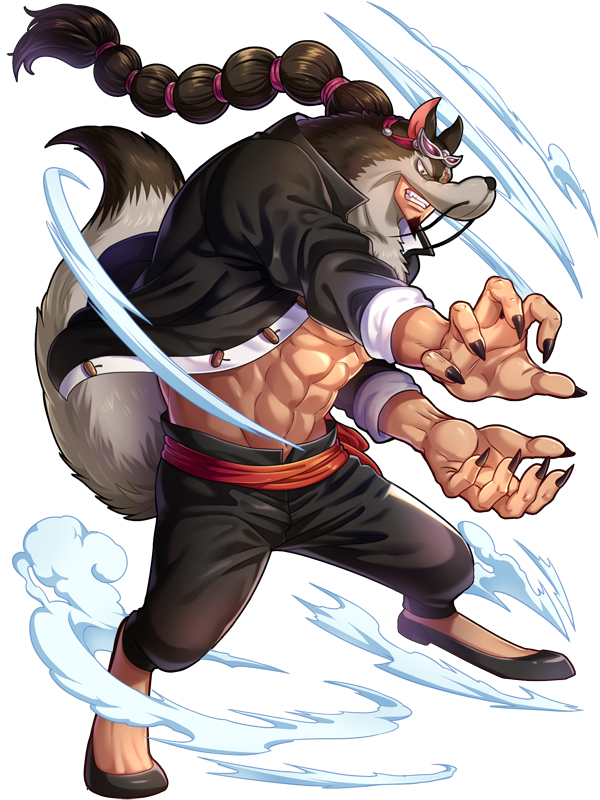 1boy abs animal_costume animal_ears black_pants brown_hair fighting_stance fingernails foxvulpine full_body jacket jyabura long_hair male_focus muscle official_style one_piece open_clothes open_jacket open_pants pants ponytail sharp_fingernails smile tail teeth wolf_boy wolf_costume wolf_ears wolf_tail