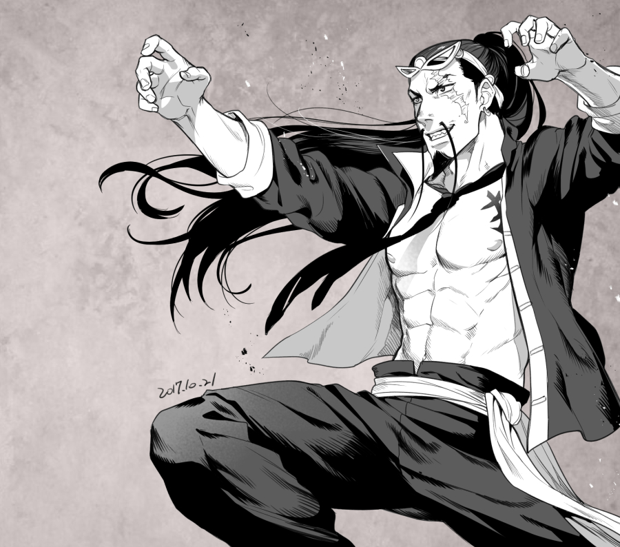 1boy abs alternate_costume bare_pecs black_eyes claw_pose fighting_stance foxvulpine greyscale jacket jyabura long_hair male_focus monochrome muscle one_piece open_clothes open_jacket pectorals ponytail scar scar_across_eye smile solo spread_legs