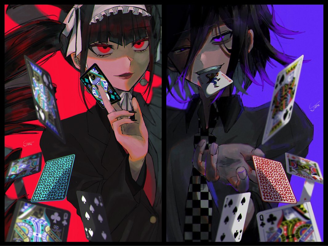 1boy 1girl alternate_costume bangs black_hair black_jacket black_nails card celestia_ludenberck checkered checkered_neckwear danganronpa danganronpa_1 drill_hair earrings eyebrows_visible_through_hair gothic_lolita gradient_hair hair_between_eyes holding holding_card jacket jewelry joh_pierrot lips lipstick lolita_fashion long_hair long_sleeves makeup mouth_hold multicolored_hair necktie new_danganronpa_v3 ouma_kokichi parted_lips playing_card purple_background purple_eyes purple_hair red_background red_eyes red_neckwear sidelocks signature simple_background twin_drills twintails upper_body