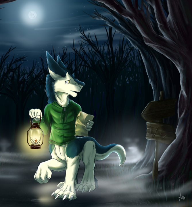 2019 4_toes 5_fingers blue_body blue_fur bottomless claws clothed clothing dead_tree fingers fog forest fur green_clothing green_shirt green_topwear lamp male moon night night_sky paper sergal sergal_taur shirt sign sign_post sky solo star starry_sky taur toes topwear tree white_body white_claws white_fur yellow_eyes zarakon zarakon_(character)
