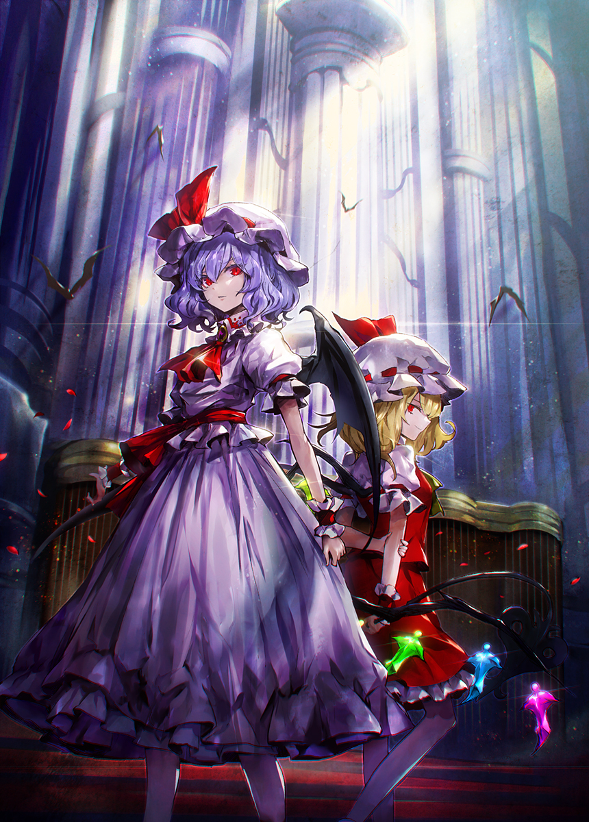 2girls animal ascot bangs banned_artist bat bat_wings black_wings blonde_hair breasts closed_mouth collared_shirt column commentary_request crystal dark feet flandre_scarlet flying frilled_cuffs frilled_shirt frilled_sleeves frills glint hair_between_eyes hat hat_ribbon highres holding holding_arm holding_own_arm holding_weapon kozou_(soumuden) laevatein laevatein_(tail) light light_particles light_rays long_skirt looking_at_viewer mob_cap multiple_girls oversized_object parted_lips petals pillar profile puffy_short_sleeves puffy_sleeves purple_hair purple_shirt purple_skirt red_eyes red_ribbon red_sash red_skirt red_vest remilia_scarlet ribbon ribbon-trimmed_headwear ribbon_trim sash shiny shirt short_hair short_sleeves siblings sidelocks sideways_glance sisters skirt skirt_set small_breasts smirk standing standing_on_one_leg tail touhou vest weapon white_shirt wing_collar wings wrist_cuffs yellow_neckwear