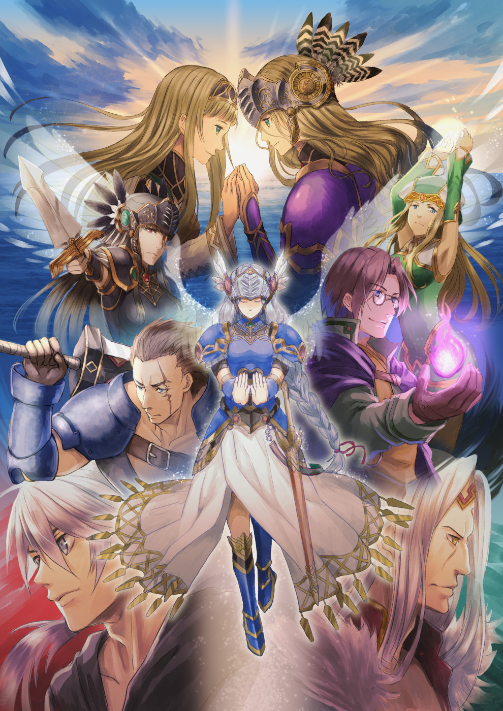 4boys 5girls alicia_(valkyrie_profile_2) armor armored_dress arngrim black_hair blonde_hair blue_eyes brown_hair freya_(valkyrie_profile) helmet highres hrist_valkyrie lenneth_valkyrie lezard_valeth long_hair multiple_boys multiple_girls shoulder_pads shumizoku silmeria_valkyrie silver_hair spell sword valkyrie_profile valkyrie_profile_2 weapon winged_helmet