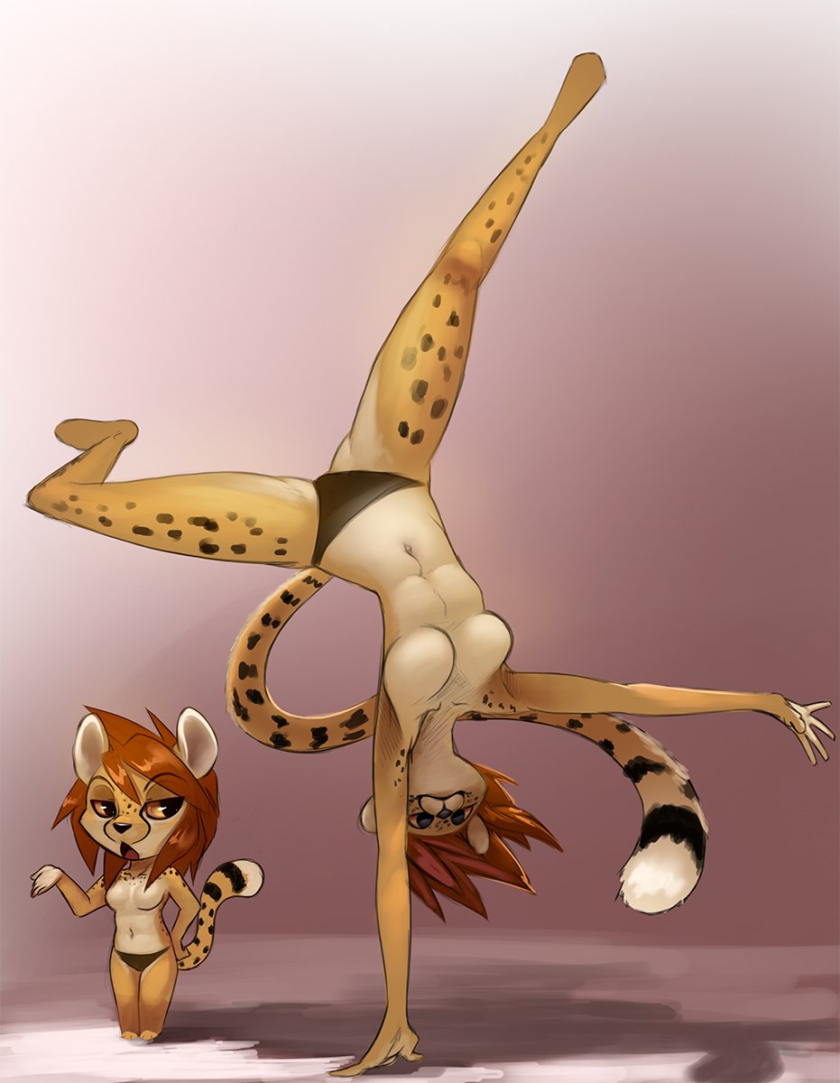 2015 anthro black_spots breasts cheetah clothed clothing featureless_breasts felid feline female fur handstand hi_res light lighting looking_at_viewer mammal navel panties shnider simple_background spots spotted_body spotted_fur topless underwear