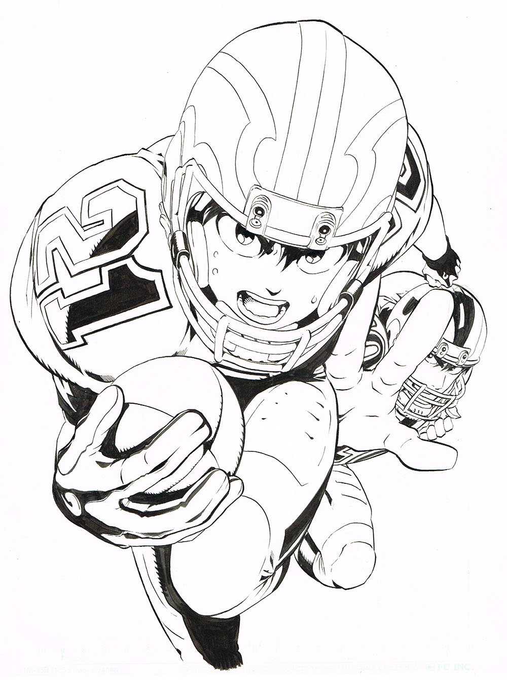 2boys ball clenched_hand eyeshield_21 football football_(object) football_helmet football_uniform gloves greyscale helmet highres holding holding_ball kobayakawa_sena looking_at_viewer monochrome multiple_boys murata_yuusuke official_art open_mouth reaching_out running scan shoulder_pads simple_background sportswear sweat traditional_media white_background