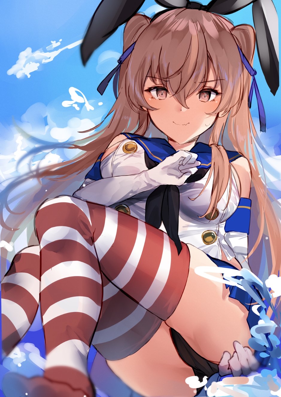 1girl black_hairband black_panties blue_skirt blue_sky breasts brown_eyes cloud cosplay crop_top elbow_gloves embarrassed eyebrows_visible_through_hair gloves hairband highleg highleg_panties highres johnston_(kantai_collection) kantai_collection light_brown_hair long_hair medium_breasts microskirt miniskirt miyasaka_miyabi outdoors panties sailor_collar shimakaze_(kantai_collection) shimakaze_(kantai_collection)_(cosplay) sitting skirt sky solo striped striped_legwear thighhighs two_side_up underwear wavy_mouth white_gloves