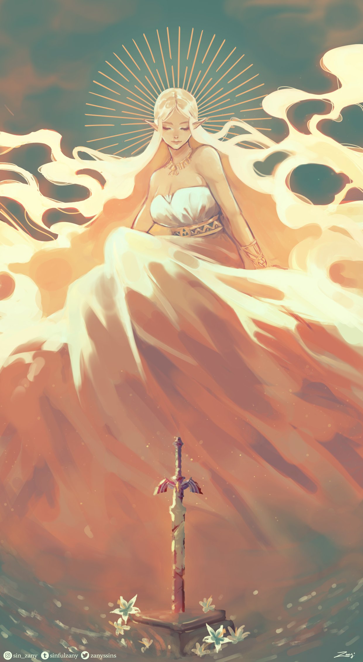1girl artist_name bare_shoulders blonde_hair bracelet breasts cleavage closed_eyes dress flower highres instagram_username jewelry long_hair master_sword necklace planted_sword planted_weapon pointy_ears princess_zelda rust sinfulzany solo strapless strapless_dress sword the_legend_of_zelda the_legend_of_zelda:_breath_of_the_wild tumblr_username twitter_username very_long_hair weapon