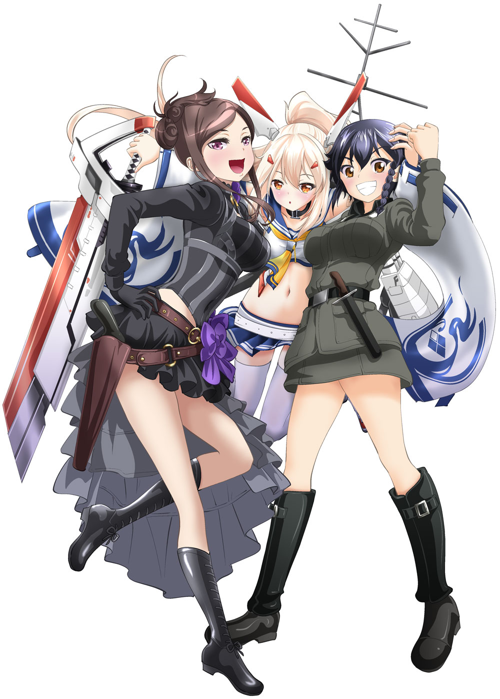 3girls :d :o anzio_military_uniform ayanami_(azur_lane) azur_lane bandaid bangs belt black_belt black_choker black_footwear black_hair black_shirt black_skirt blonde_hair blue_sailor_collar blue_skirt boots bow braid brown_belt brown_eyes brown_hair choker clenched_hand clothing_cutout commentary_request cross-laced_footwear crossover detached_sleeves dorothy_(princess_principal) double_horizontal_stripe dress_shirt floating frilled_sash girl_sandwich girls_und_panzer grey_jacket grey_skirt grin group_hug gun hair_ornament hairclip hand_on_hip headgear highres holding holding_sword holding_weapon holster hug huge_weapon jacket knee_boots knife lace-up_boots leg_up long_hair long_sleeves looking_at_viewer microskirt midriff military military_uniform miniskirt multiple_girls navel open_mouth overskirt partial_commentary pepperoni_(girls_und_panzer) princess_principal purple_bow purple_eyes red_eyes rigging sailor_collar sandwiched sash seiyuu_connection shirt short_hair shoulder_cutout side_braid silver_hair simple_background skirt smile standing standing_on_one_leg swept_bangs sword taichi_you taniguchi_gou thighhighs tied_hair uniform weapon white_background white_belt white_legwear white_shirt white_sleeves wing_collar yellow_neckwear