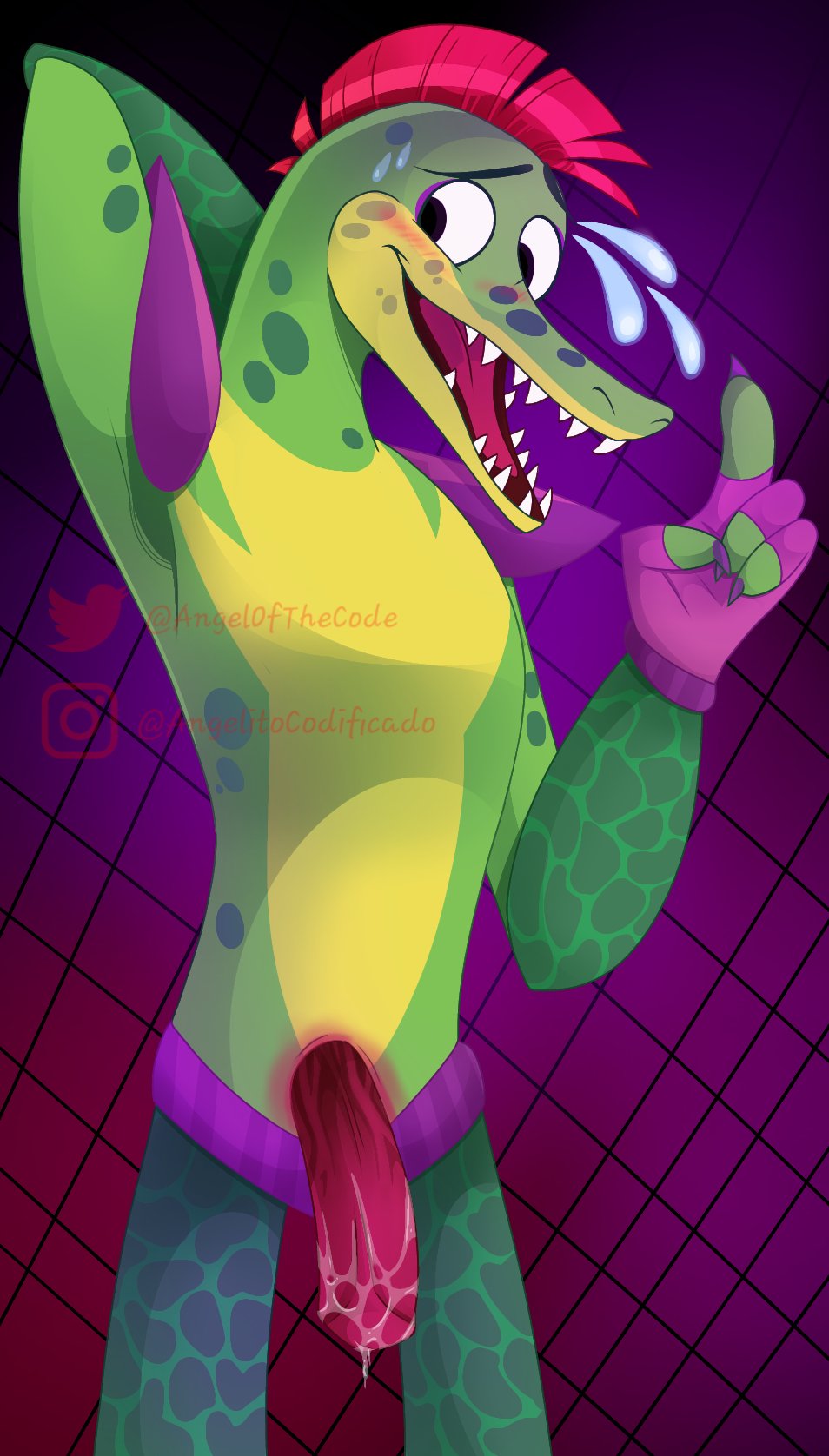 2020 abstract_background alligator alligatorid angelofthecode animal_genitalia animal_penis anthro belt black_eyebrows blush bodily_fluids bottomwear claws clothed clothing crocodilian cum cum_on_penis embarrassed erection eyebrows fangs five_nights_at_freddy's five_nights_at_freddy's:_security_breach genital_fluids genital_slit genitals gloves green_body green_nose hair handwear hi_res looking_aside looking_away male mohawk_(hairstyle) montgomery_gator_(fnaf) mostly_nude multicolored_body open_mouth orgasm pants penis presenting presenting_penis pupils purple_background purple_claws purple_eyes raised_arm red_hair red_tongue reptile rockstar scalie sharp_claws sharp_teeth short_hair simple_background slit slit_pupils smile solo standing sweat teeth tongue topless vein veiny_penis video_games yellow_body