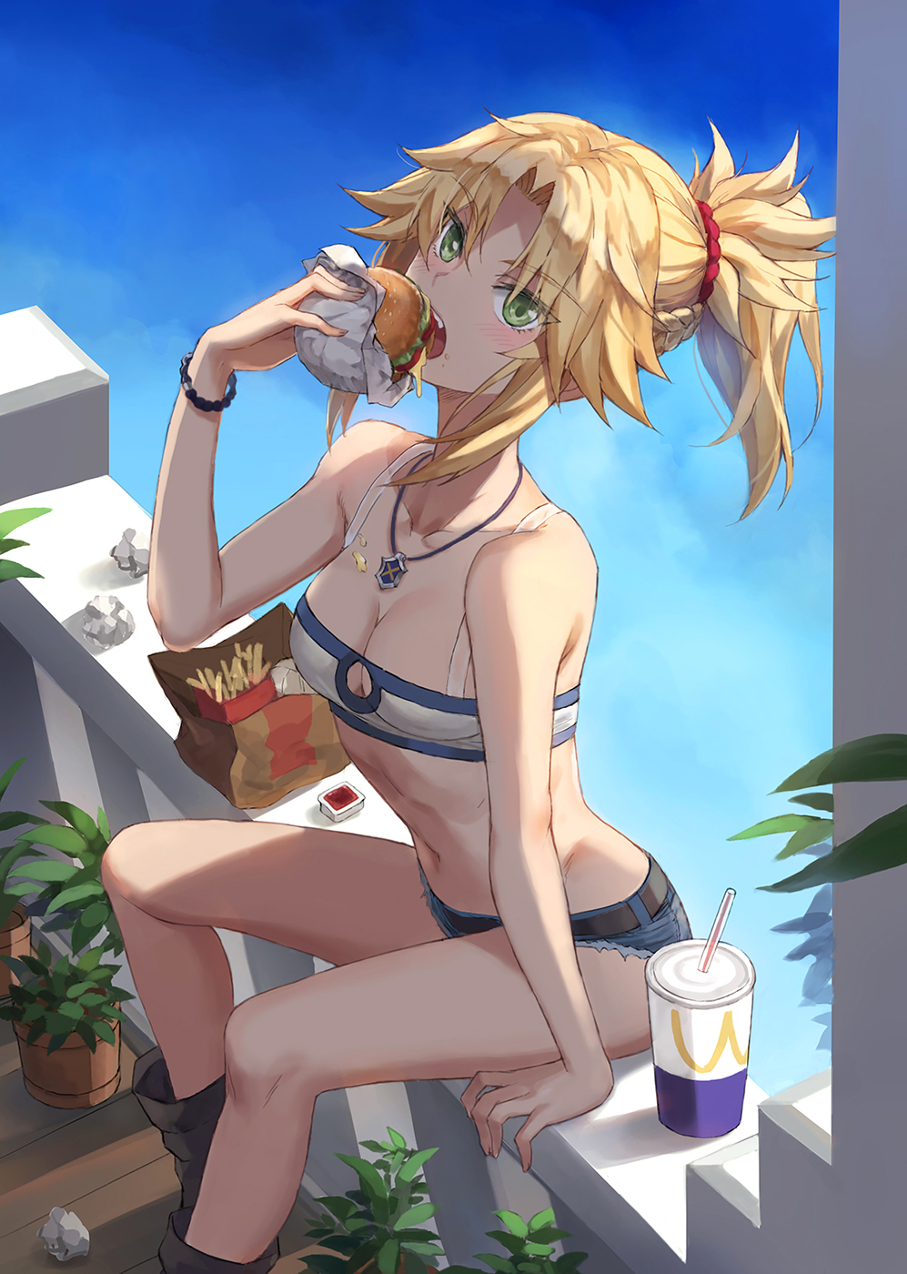 1girl bag balcony bandeau bangs bare_shoulders belt blue_sky boots braid breasts collarbone cup cutoffs denim denim_shorts drinking_straw eating fast_food fate/apocrypha fate_(series) food french_braid french_fries green_eyes hair_ornament hair_scrunchie hamburger highres long_hair looking_at_viewer mordred_(fate) mordred_(fate)_(all) open_mouth paper_bag parted_bangs ponytail red_scrunchie scrunchie shorts sidelocks sitting sky small_breasts tonee