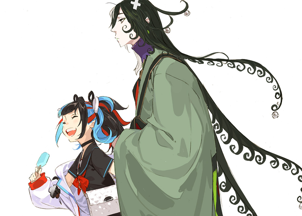 1boy 1girl ^_^ ^o^ ashiya_douman_(fate) bag bandaid bandaid_on_head bell black_choker black_hair black_shirt breasts choker closed_eyes curly_hair fate/grand_order fate_(series) food from_side green_hair green_robe hair_bell hair_ornament height_difference holding holding_food jacket light_blue_hair long_hair medium_hair multicolored_hair off_shoulder open_clothes open_jacket open_mouth pako popsicle profile red_hair robe sailor_collar school_bag school_uniform sei_shounagon_(fate) serafuku shirt simple_background small_breasts smile twintails upper_body white_background white_jacket