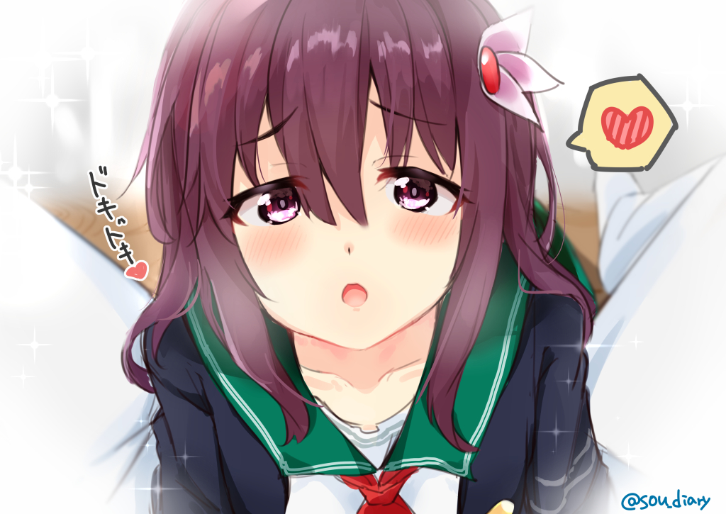1girl :o admiral_(kantai_collection) bangs black_jacket blush brown_hair collarbone commentary_request eyebrows_visible_through_hair green_sailor_collar hair_between_eyes hair_ornament heart jacket kantai_collection kisaragi_(kantai_collection) long_hair looking_at_viewer open_clothes open_jacket open_mouth pants purple_eyes red_neckwear remodel_(kantai_collection) sailor_collar school_uniform serafuku shirt shoes solo_focus sou_(soutennkouchi) sparkle spoken_heart spread_legs translation_request twitter_username upper_body white_footwear white_pants white_shirt wooden_floor