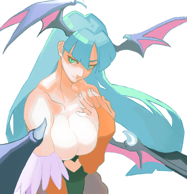 1girl bare_shoulders breasts bridal_gauntlets cleavage closed_mouth clothing_cutout collarbone demon_girl demon_wings fingernails green_eyes green_hair grey_background head_wings heart heart_cutout long_hair morrigan_aensland simple_background slit_pupils solo succubus vampire_(game) wings yuuki_(irodo_rhythm)