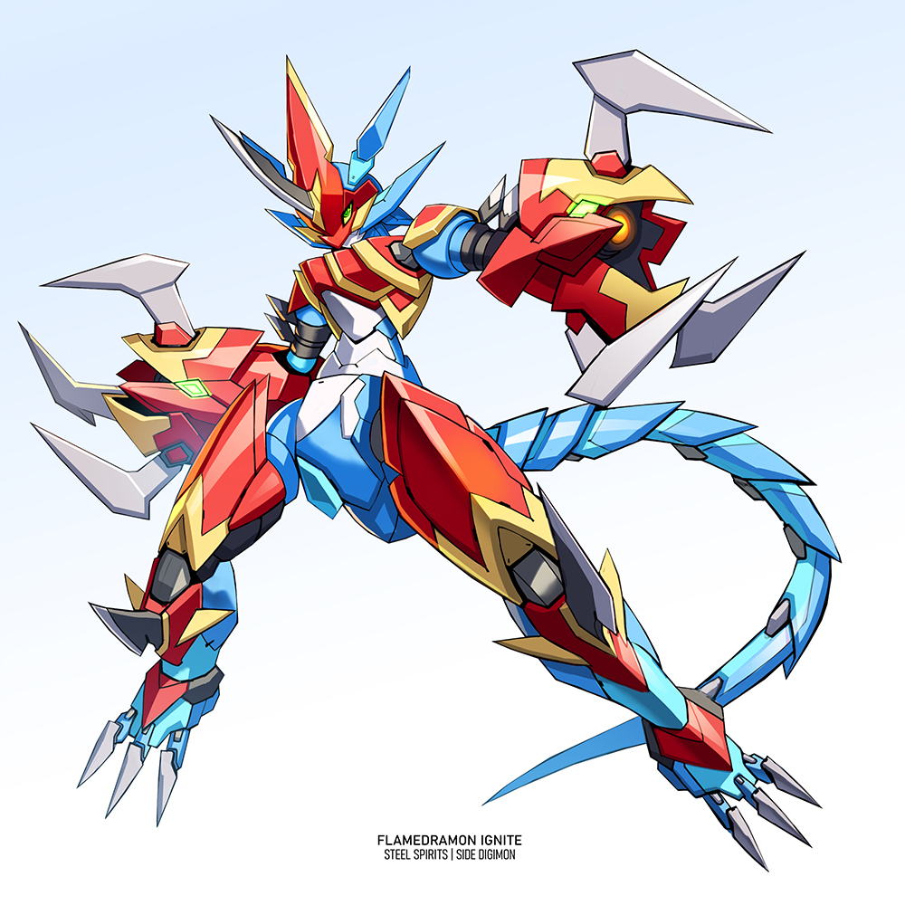 arm_cannon character_name claws digimon english_commentary flamedramon horns kadej looking_to_the_side mecha mechanical_tail mechanization no_humans single_horn solo tail weapon
