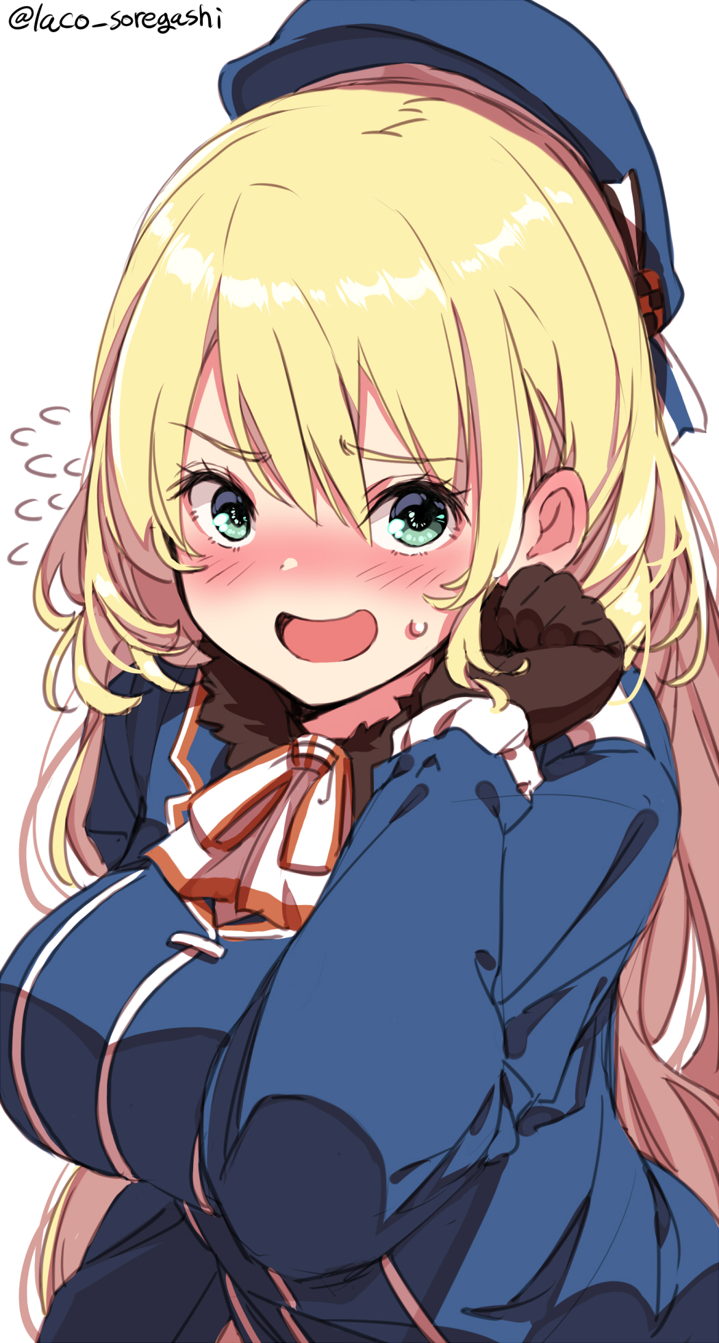 1girl ascot atago_(kantai_collection) beret black_gloves blonde_hair blush breasts commentary_request flying_sweatdrops fur_trim gloves hat highres kantai_collection laco_soregashi large_breasts long_hair looking_at_viewer military military_uniform simple_background smile solo twitter_username uniform upper_body white_background white_neckwear