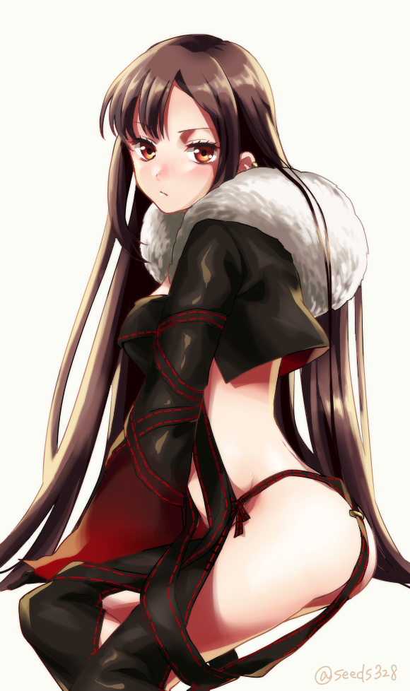 1girl arm_strap ass bangs black_dress black_gloves black_jacket blush breasts brown_eyes brown_hair center_opening choker consort_yu_(fate) cropped_jacket dress earrings elbow_gloves fate/grand_order fate_(series) fur-trimmed_jacket fur_trim gloves jacket jewelry long_hair looking_at_viewer medium_breasts multiple_earrings navel open_clothes open_jacket ribbon-trimmed_dress seeds328 sitting thighs very_long_hair