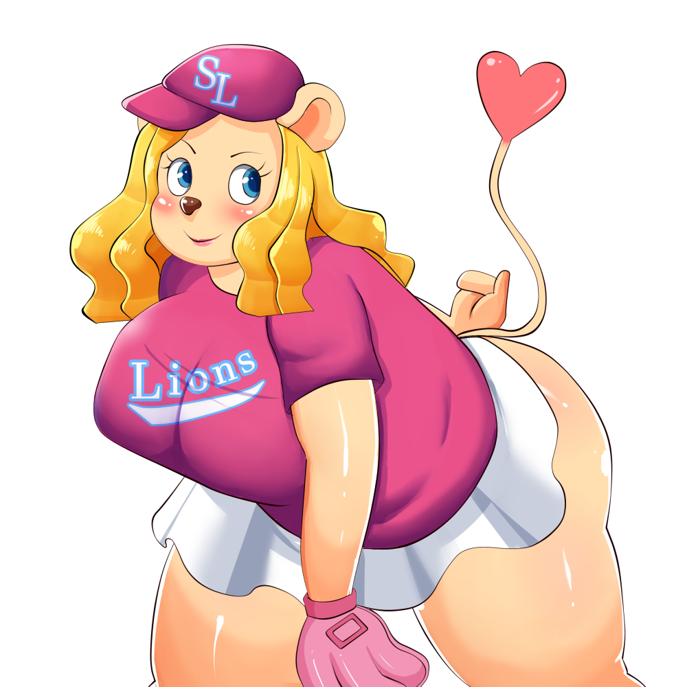 1:1 blonde_hair blue_eyes breasts clothing felid female gloves grape_jelly_(artist) hair handwear hat headgear headwear humanoid kbo_league lion mammal pantherine pinkleo samsung_lions smile solo