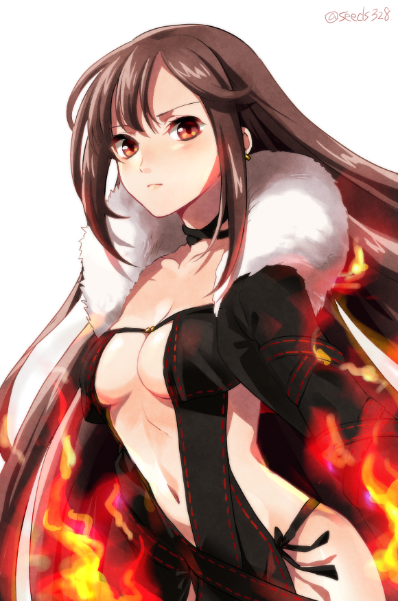 1girl arm_strap bangs black_dress black_gloves black_jacket blush breasts brown_eyes brown_hair center_opening choker cleavage collarbone consort_yu_(fate) cropped_jacket dress earrings elbow_gloves fate/grand_order fate_(series) fire fur-trimmed_jacket fur_trim gloves jacket jewelry long_hair looking_at_viewer medium_breasts multiple_earrings navel open_clothes open_jacket ribbon-trimmed_dress seeds328 simple_background very_long_hair white_background