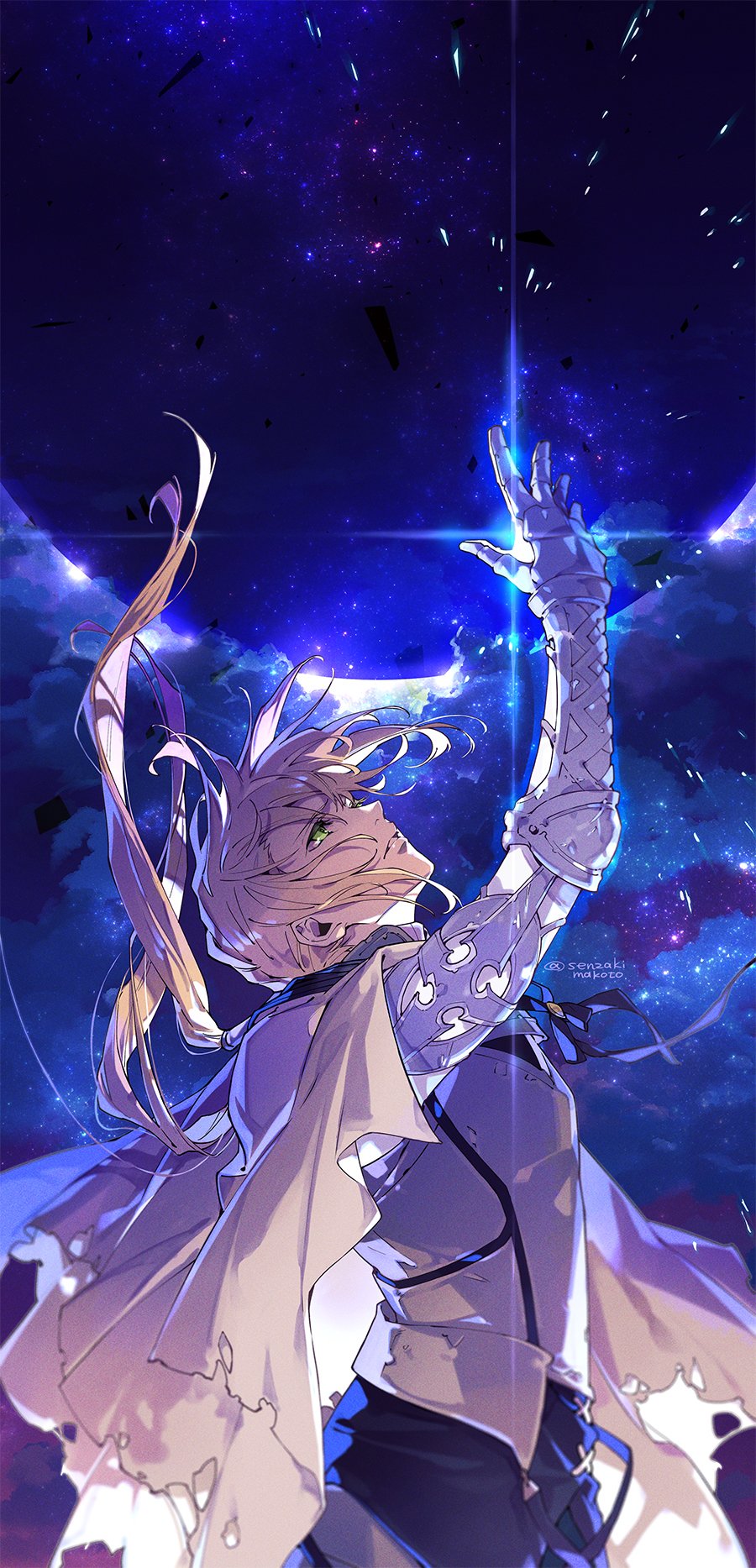 1boy armor bedivere breastplate cape cloud commentary_request eyebrows_visible_through_hair fallstreak_hole fate/grand_order fate_(series) floating_hair glowing green_eyes hair_between_eyes hair_tubes highres knight long_hair looking_up male_focus night night_sky outdoors parted_lips ponytail prosthesis prosthetic_arm senzaki_makoto silver_hair sky solo star_(sky) starry_sky teeth torn_cape torn_clothes twitter_username white_cape