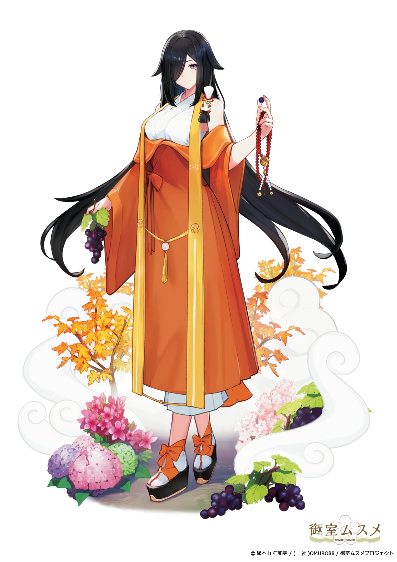 1girl beads black_hair blush breasts clog_sandals closed_mouth floating_hair flower food fruit full_body grapes green_flower hair_flaps hair_over_one_eye hand_up hayabusa highres holding hydrangea large_breasts long_hair looking_at_viewer marble mole mole_under_eye official_art omuro_musume one_eye_covered pink_flower prayer_beads purple_eyes purple_flower simple_background smile solo standing tabi tree walking watermark white_background white_legwear